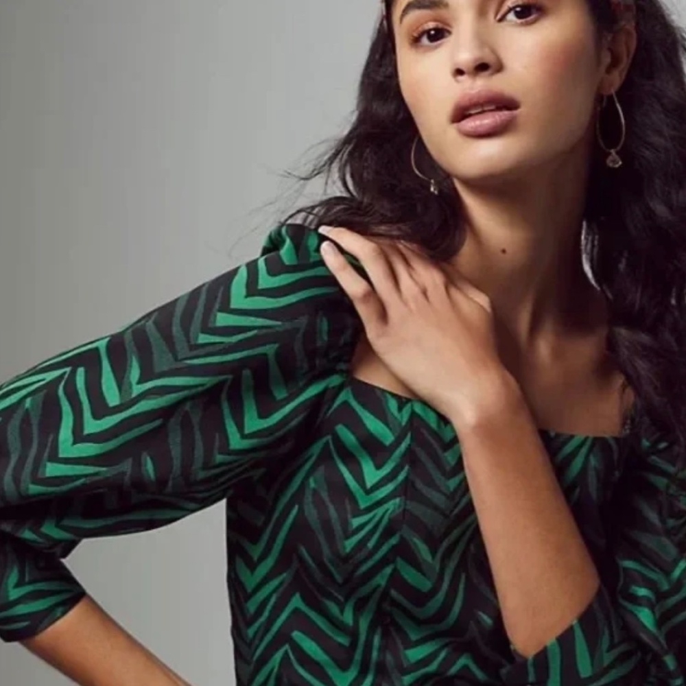 NEW Anthropologie Corey Lynn Calter Emerald Green Black Puff Statement Sleeve XS - Picture 2 of 11